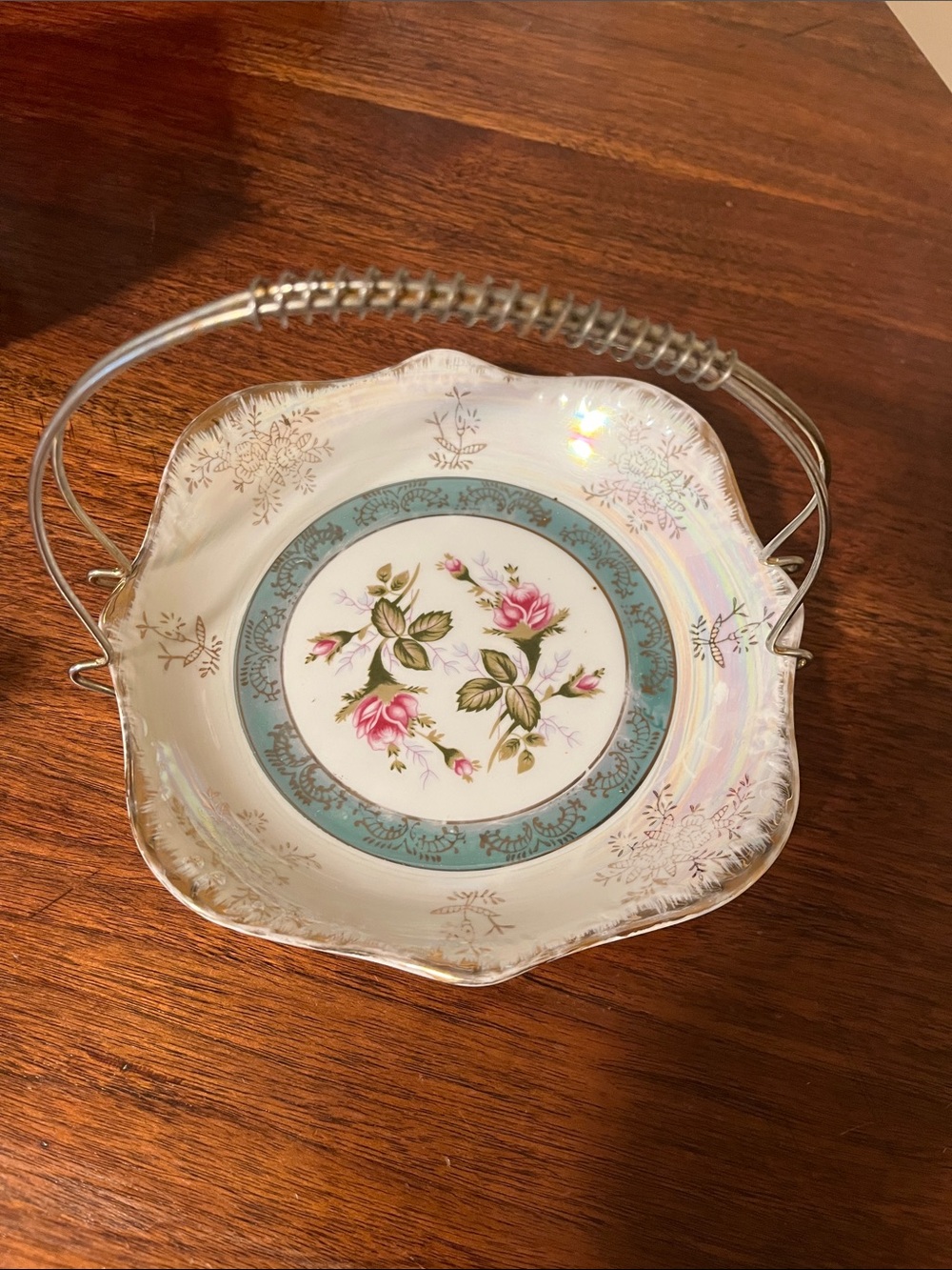 Elegant Floral Porcelain Serving Bowl in White and Teal with Pink Rose Motif